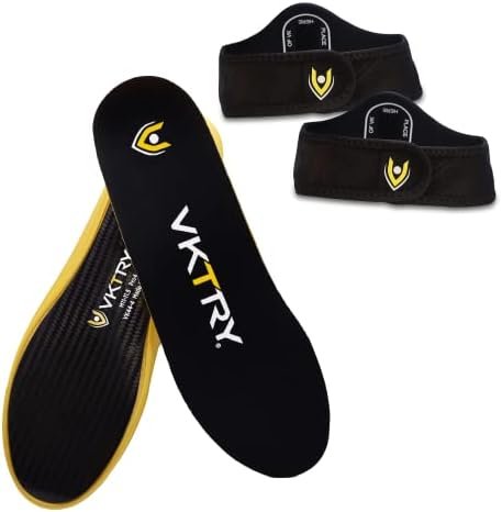 VKTRY Performance Insoles - Gold VKs Carbon Fiber Shock Absorbing Sport Shoe Insoles for Pro Running, Basketball, Athletics US: Men 11-11.5, Women 13-13.5 and Booster Strap Insoles Large
