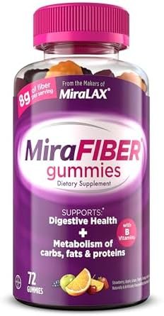 MiraLAX: MiraFIBER Gummies, 8g of Daily Prebiotic Fiber with B Vitamins to Support Digestive Health and Metabolism, Fruit Flavored Fiber Gummies, 72 Count